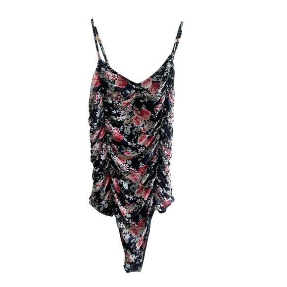 Free Press Bodysuit Black Ruby Floral Size Large NWT Ruched Romantic Coquette - Picture 1 of 11